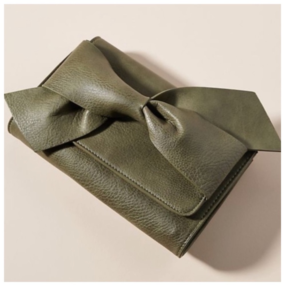 Anthro | Bella Bow Clutch Vegan Leather Moss NEW